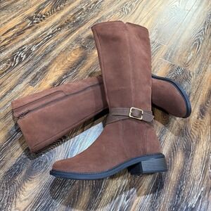 NEW Clarks Women's Maye Shine Knee High Boot Dark Tan Brown Suede Size 9